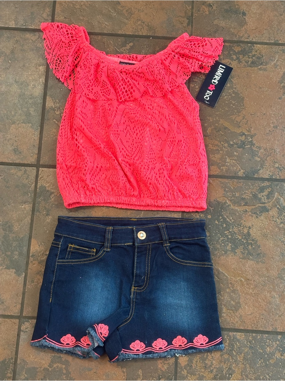 🩵Limited Too Pink Lace Top and Dark Blue Denim Shorts Set